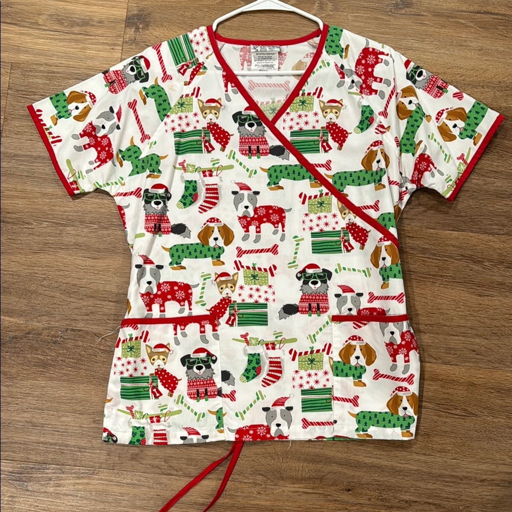Women’s Christmas scrub top with Dog Print - Red and Green